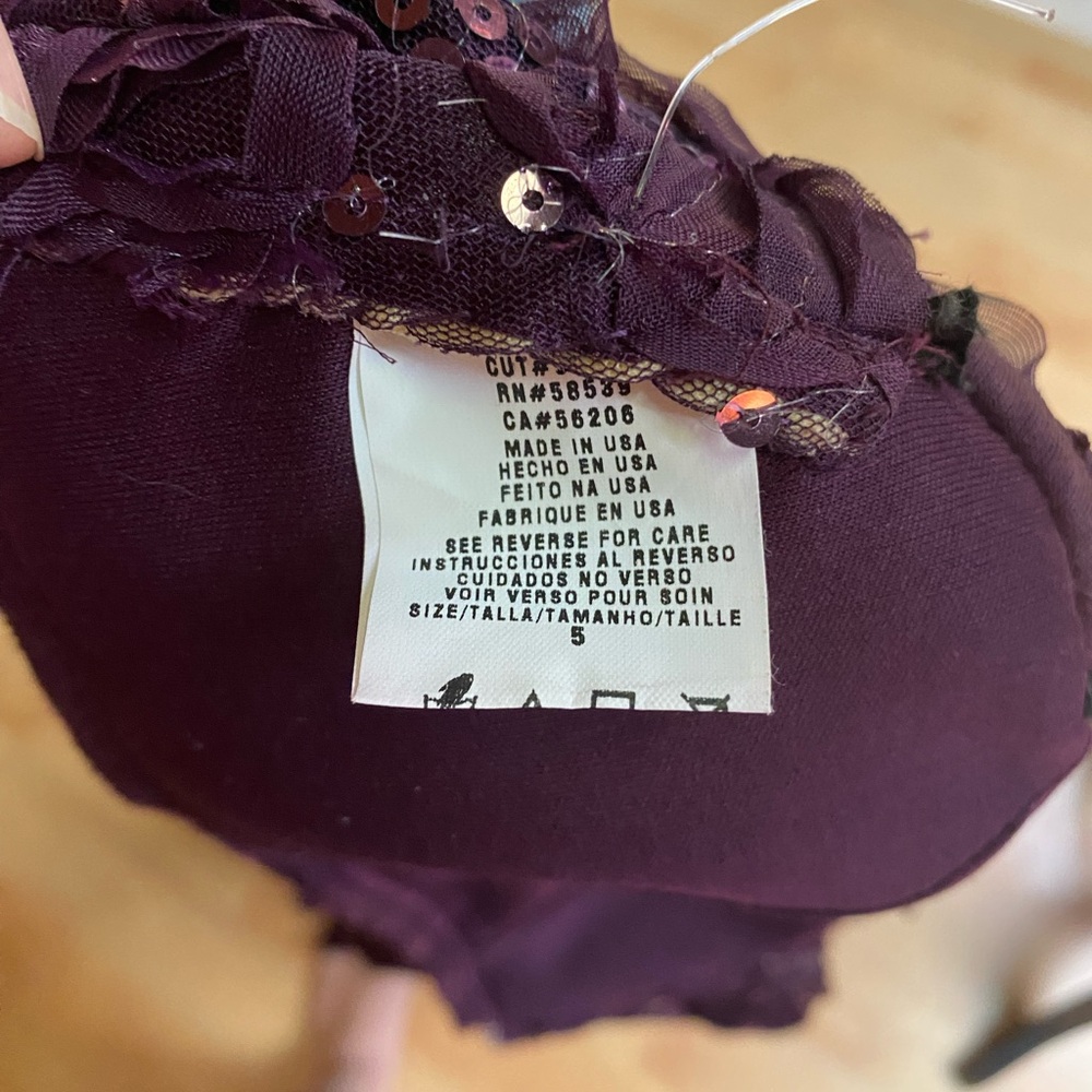 Vintage Plum Satin Pleated Gown Strapless Sequin Floral Bodice Maxi Formal size5 - Picture 4 of 16